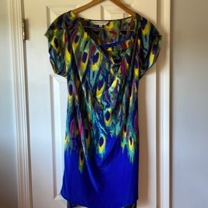 Mini dress; multi colored; cobalt blue with matching tie at waist